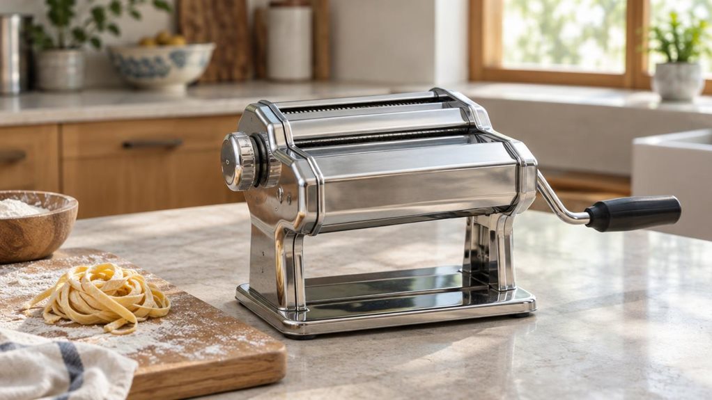 A photograph of a single stainless-steel noodle machine resting on a pale stone kitchen counter, framed in a horizontal 16:9 landscape composition. The compact appliance is the clear hero, its polished rollers, adjustment dial, and sturdy hand crank rendered with realistic detail, but with no visible branding or text. A lightly floured wooden board and a small nest of fresh noodles sit nearby, suggesting a well-used home kitchen without showing anyone cooking. In the softly b