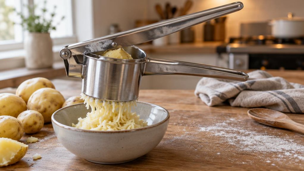 A photograph of a polished stainless steel potato ricer resting diagonally across a wide wooden kitchen counter, its long handles catching soft daylight streaming from a nearby window. The ricer sits beside a small pile of freshly boiled potatoes, one partially pressed through the hopper with pale, feathery strands curling into a ceramic bowl below. Droplets of steam linger faintly in the air, and a light dusting of flour marks the counter's surface nearby. The composition is