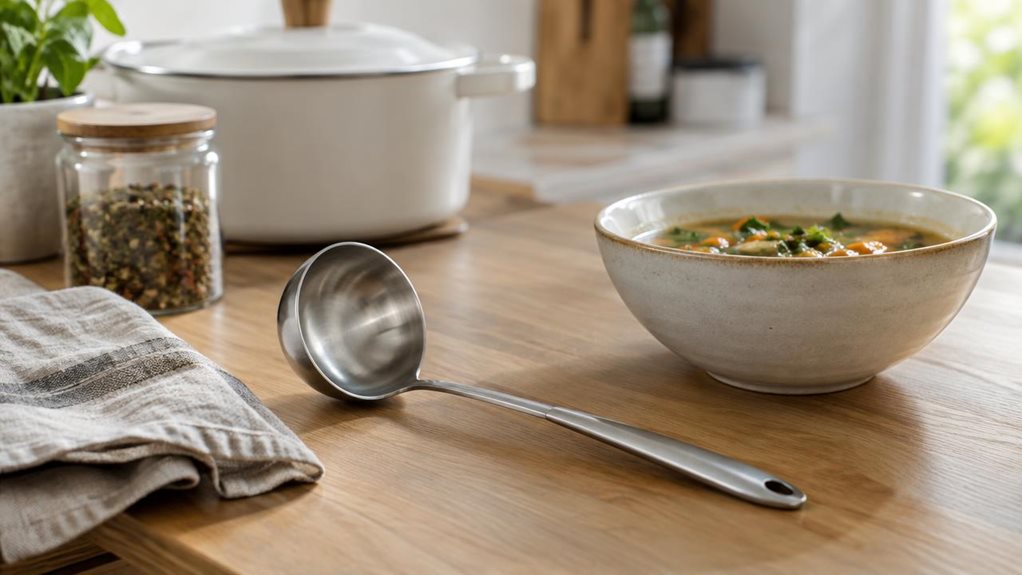 A photograph of a compact stainless steel ladle resting naturally beside a ceramic soup bowl on a light oak kitchen counter, presented in a horizontally composed 16:9 landscape scene. The ladle is the clear hero, its brushed metal surface catching soft daylight from a nearby window, with subtle reflections and a clean, modern finish. It sits in-situ among understated kitchen elements—a folded linen towel, a glass jar of spices, and a matte white saucepan—creating a calm, cont