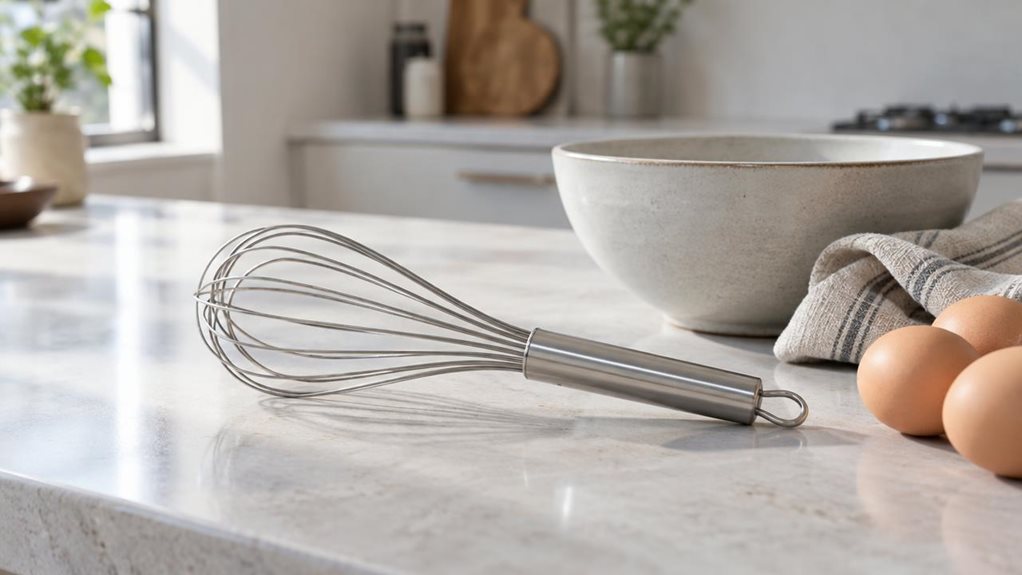 A photograph of a single stainless-steel 27 cm egg whisk resting naturally on a pale stone countertop in a bright, modern kitchen, captured in a horizontal 16:9 landscape composition. The whisk is heroed in the foreground, angled slightly beside a matte ceramic mixing bowl, a folded linen towel, and a few eggs arranged casually nearby, suggesting a quiet baking moment rather than active use. The scene feels candid and observational, as if taken with a high-end camera during a