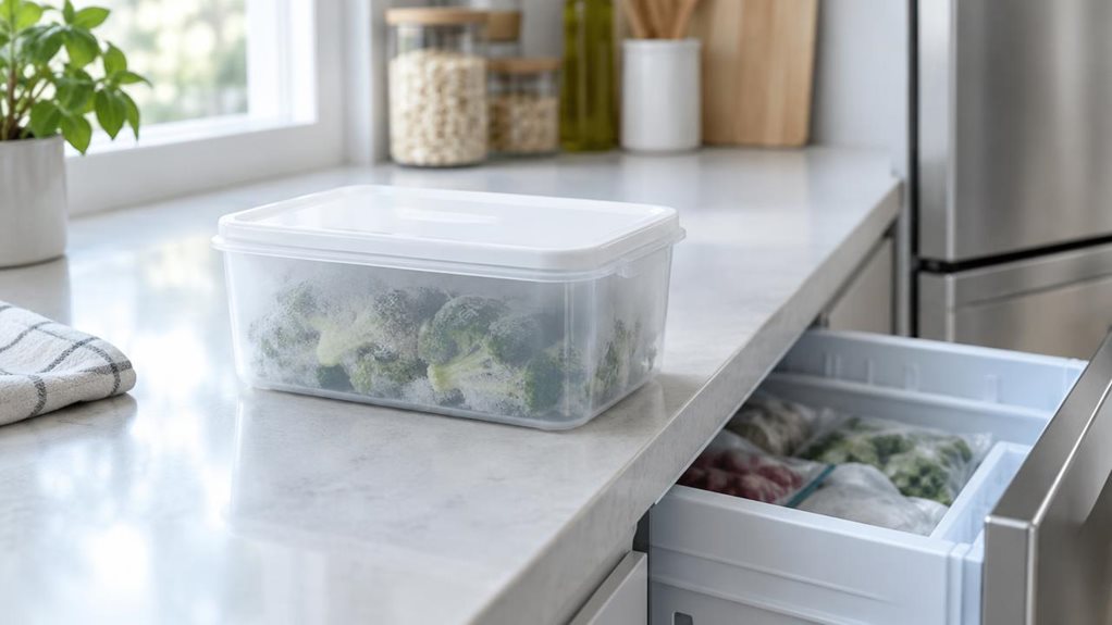 A photograph of a single transparent deep-freezer storage box with a snug white lid, placed naturally on a clean, modern kitchen counter beside an open freezer drawer, captured in a horizontally composed 16:9 landscape scene. The product is heroed in a quiet lifestyle setting, as if photographed candidly during an ordinary home routine rather than staged for an ad. Soft daylight from a nearby window creates gentle highlights across the frosted plastic edges and subtle reflect