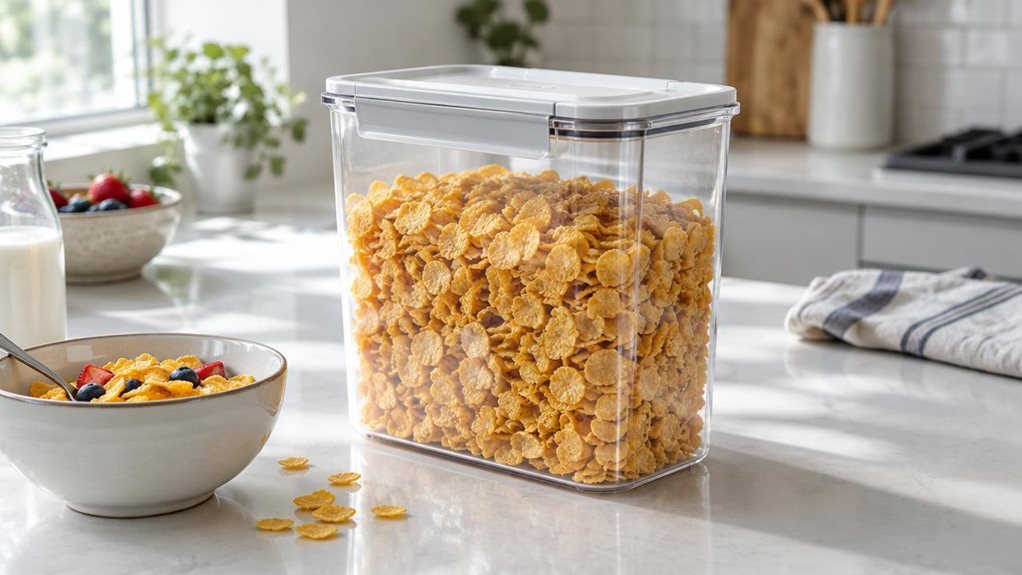 A photograph of a single clear 2.2-liter cereal storage box resting on a bright, modern kitchen counter, composed as a horizontal 16:9 landscape scene. The box is the hero, shown at a natural three-quarter angle with its crisp rectangular shape, softly rounded corners, transparent sides, and neatly fitted airtight lid clearly visible. Golden cereal flakes inside show through the container, with a few pieces and a small ceramic bowl nearby suggesting an everyday breakfast sett