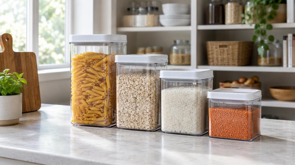 A photograph of a single set of clear, rectangular kitchen storage jars arranged neatly on a pale stone countertop in a bright, modern pantry. The jars have clean, softly rounded edges and fitted white lids, with dry ingredients—pasta, oats, rice, and lentils—visible through the transparent sides. They sit beside a wooden cutting board and a small potted herb, suggesting an everyday home kitchen without looking staged. The horizontally composed 16:9 landscape scene is capture