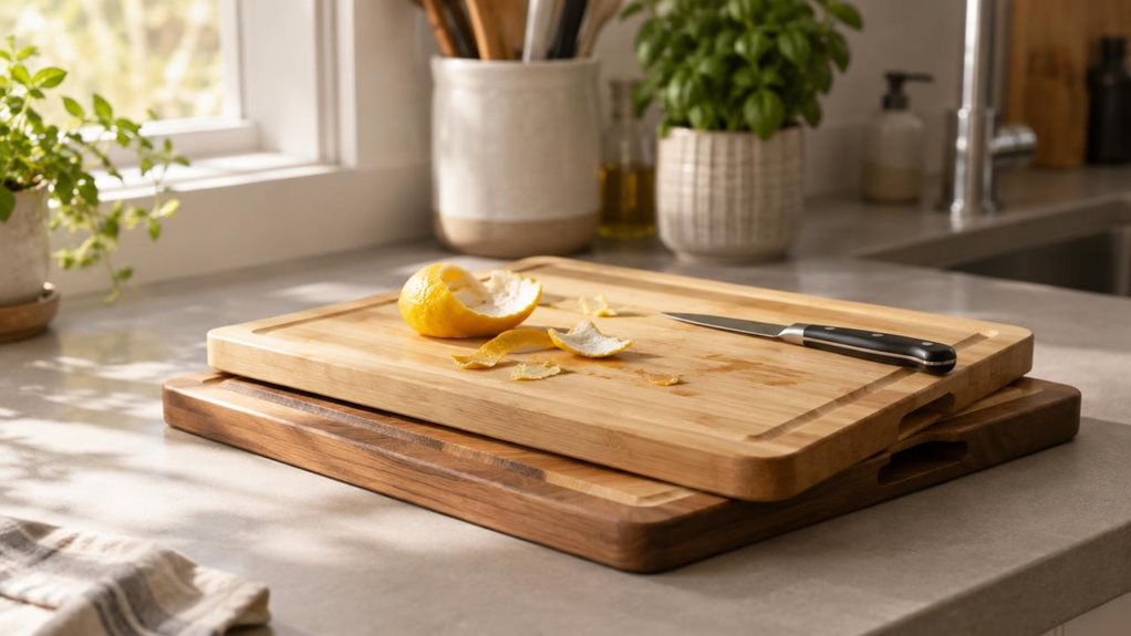 A photograph of a sunlit kitchen countertop captured in a wide 16:9 landscape composition, showcasing a set of chopping boards stacked neatly to one side. The top board, made of warm bamboo with subtle grain detailing, sits slightly askew as if just set down after use, with a few citrus peels and a paring knife resting nearby. Soft morning light streams in from a window to the left, casting gentle shadows and highlighting the natural texture of the wood. In the background, so