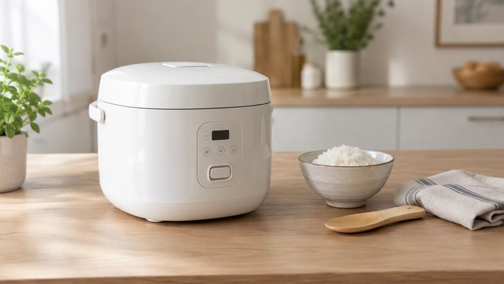 A photograph of a single compact white rice cooker resting naturally on a clean, light oak kitchen countertop in a modern home, framed in a horizontal 16:9 landscape composition. The scene feels candid and observational, as if captured quietly during a relaxed afternoon: the cooker sits beside a folded linen tea towel, a small wooden rice scoop, and a ceramic bowl of freshly cooked rice placed nearby. Soft daylight pours in from an off-frame window, creating gentle highlights