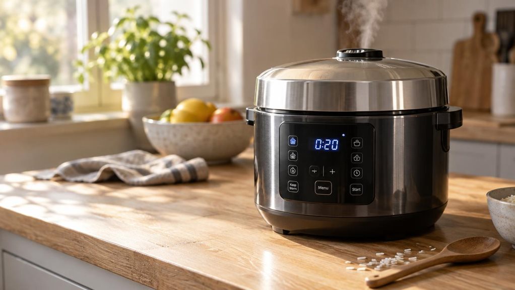 A photograph of a sleek black and stainless steel multicooker resting on a light oak kitchen countertop, positioned slightly off-center to the right within a horizontally framed 16:9 composition. The appliance's digital display glows faintly, showing a subtle blue readout, while a thin wisp of steam escapes from the vent, suggesting recent use. Morning sunlight streams in from a nearby window, casting soft, warm highlights across the brushed metal lid and creating gentle shad