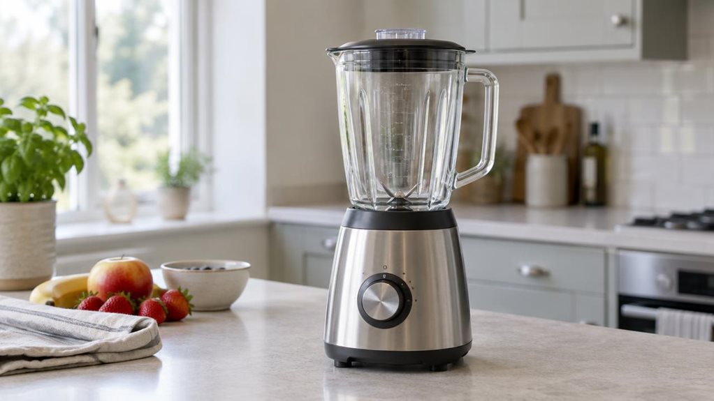 A photograph of a Russell Hobbs 23821-56 blender set on a pale stone kitchen counter in a bright, modern home. The blender is the single hero product: a clear glass jug with a sturdy handle and fitted lid, seated on a compact brushed-metal base with simple, unmarked controls. A folded linen towel, a few pieces of fruit, and a small bowl sit nearby, suggesting an everyday kitchen without making the scene feel staged. The composition is horizontal, 16:9 landscape, viewed at cou
