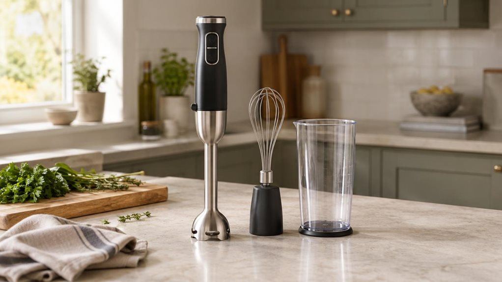 A photograph of a single 3-in-1 hand blender resting upright on a pale stone kitchen counter, its brushed stainless-steel blending shaft and compact dark handle clearly visible beside a matching whisk attachment and blending beaker. The blender is the hero of a horizontally composed 16:9 landscape scene, naturally placed in a bright, modern home kitchen with a folded linen towel, a wooden chopping board, and a few fresh herbs nearby. The arrangement feels candid and observati