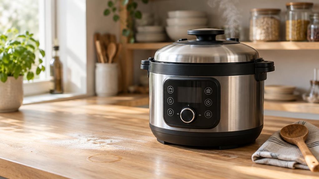 A photograph of a sleek, black-and-silver multi-purpose cooker resting on a light oak kitchen countertop, positioned slightly off-center to the right within a horizontally framed 16:9 composition. The cooker's brushed stainless steel lid reflects soft, warm sunlight streaming in from a nearby window, creating gentle highlights across its curved surface. Steam faintly rises from the edge of the lid, suggesting recent use, while a wooden spoon rests casually beside it on a fold