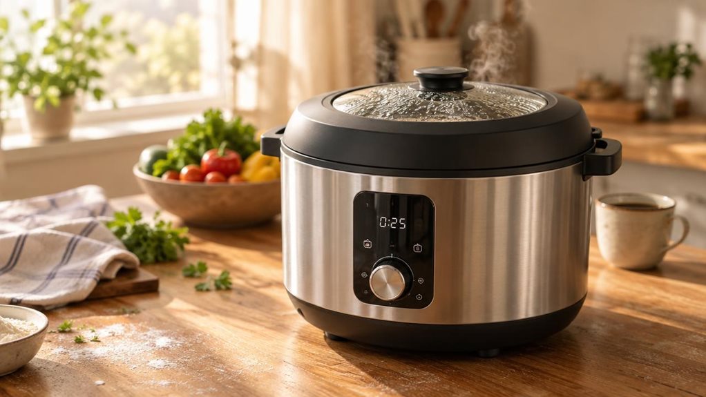 A photograph of a sleek, brushed stainless steel multicooker resting on a warm wooden kitchen countertop, bathed in soft morning sunlight streaming through a nearby window. The 6.5-litre capacity cooker features a matte black lid with a subtle digital display and control dial, faint steam gently rising from its edges, suggesting recent use. Condensation droplets cling to the lid's glass viewing window, catching the light. In the softly blurred background, a bowl of fresh vege