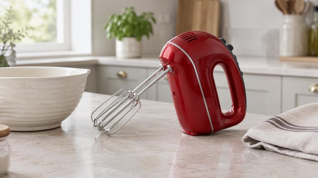 A photograph of a Russell Hobbs Desire Red hand mixer resting on a pale stone kitchen countertop, its glossy red body and neatly arranged chrome beaters clearly visible. The mixer is the sole hero product, placed beside a ceramic mixing bowl and a folded linen tea towel in a bright, modern home kitchen. The scene feels candid and observational, as if someone paused to capture the mixer between baking tasks; nothing is in motion, and no person is visible. Soft natural window l
