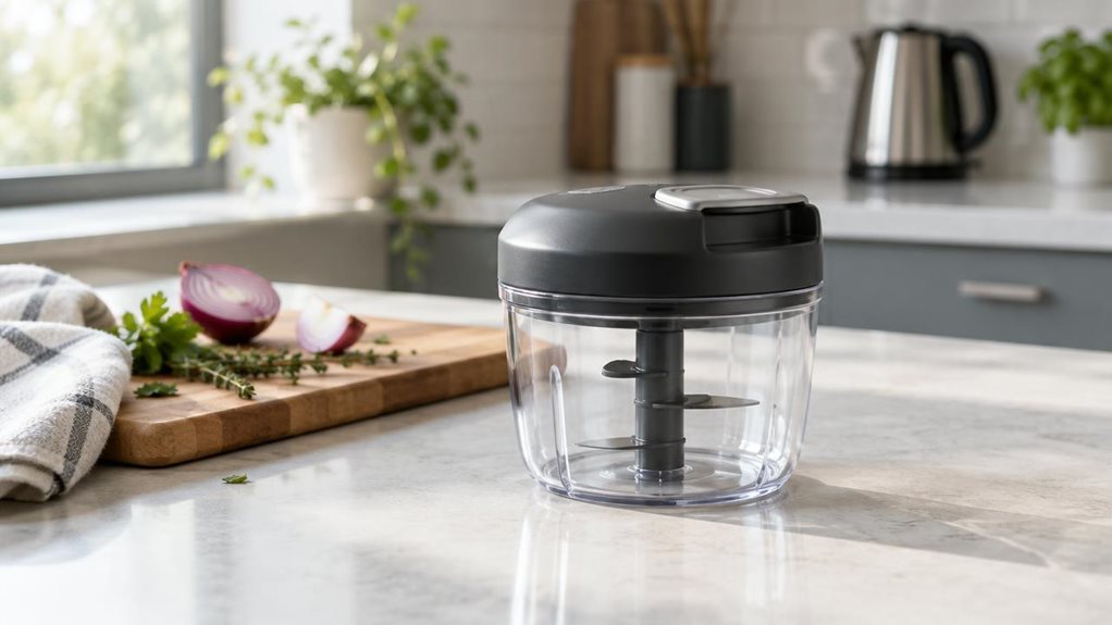 A photograph of a single compact mini chopper resting on a clean kitchen counter, composed as a 16:9 landscape scene. The chopper is the clear hero: a small transparent bowl with a neatly fitted dark lid and simple controls, its realistic materials and subtle reflections suggesting a practical, everyday appliance. Nearby, a wooden cutting board holds a few casually arranged pieces of onion and herbs, with a folded tea towel adding a lived-in touch. The setting feels naturally