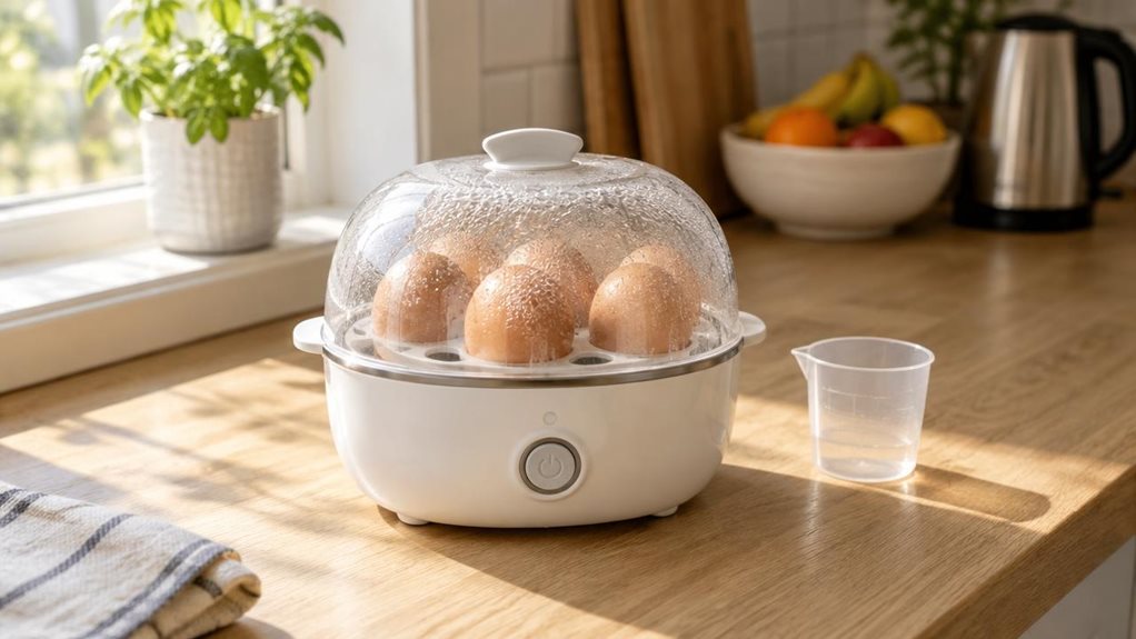 A photograph of a sleek white egg cooker sitting on a light oak kitchen countertop near a window, bathed in soft morning sunlight. The compact, rounded appliance has a clear plastic steam lid slightly fogged from recent use, with a few perfectly cooked eggs visible inside its molded tray. A small measuring cup sits beside it, used for adding water before steaming. In the background, softly blurred, are hints of a modern kitchen—a wooden cutting board, a bowl of fresh fruit, a