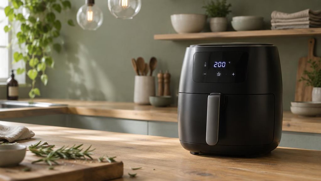 A photograph of a sleek black air fryer resting on a light oak kitchen countertop, positioned slightly off-center to the right within the 16:9 frame. The appliance's matte digital display glows faintly, showing a simple temperature readout, while its rounded, modern silhouette catches soft morning light streaming in from an unseen window to the left. Condensation-free glass pendant lights hang blurred in the background, alongside indistinct open shelving holding ceramic bowls