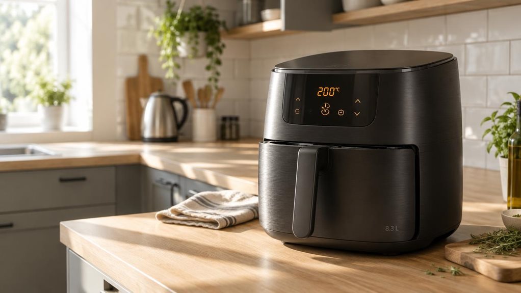 A photograph of a sleek black air fryer with a brushed matte finish resting on a light oak kitchen countertop, positioned slightly off-center to the right within a horizontally composed 16:9 frame. The digital display glows faintly, showing a warm orange temperature indicator, while the pull-out drawer is partially visible, hinting at its generous 8.3 L capacity. Soft morning sunlight streams in from a nearby window, casting gentle shadows across the countertop and highlighti