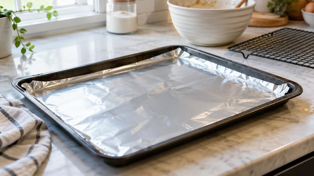 A photograph of a single reusable baking foil sheet resting neatly on a dark metal baking tray on a bright, lived-in kitchen counter. The foil’s smooth, slightly reflective surface catches the soft morning light from a nearby window, with subtle creases along its edges that make it look genuinely handled and ready for everyday baking. A cooling rack and a ceramic mixing bowl sit quietly in the softly blurred background, suggesting a home kitchen without distracting from the p