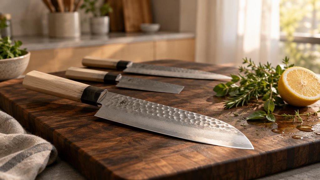 A photograph of a SANMEIHO-style 3-piece Japanese kitchen knife set resting on a dark bamboo cutting board atop a matte concrete kitchen countertop, composed in a horizontal 16:9 frame. The hero knife, a Santoku blade with a hammered steel finish and a pale wooden handle, lies diagonally across the foreground, its edge catching a soft ray of window light that highlights the subtle damascus-like texture of the steel. The remaining two knives rest slightly behind, partially out