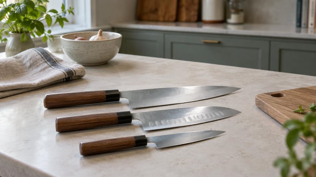 A photograph of a single three-piece Japanese kitchen knife set resting neatly on a pale stone countertop in a calm, modern home kitchen, composed as a horizontal 16:9 landscape scene. The three knives are arranged side by side, their polished steel blades catching soft window light and their understated wooden handles adding warmth. A folded linen towel and a small cutting board sit nearby, suggesting everyday use without making the scene feel staged. In the softly blurred b