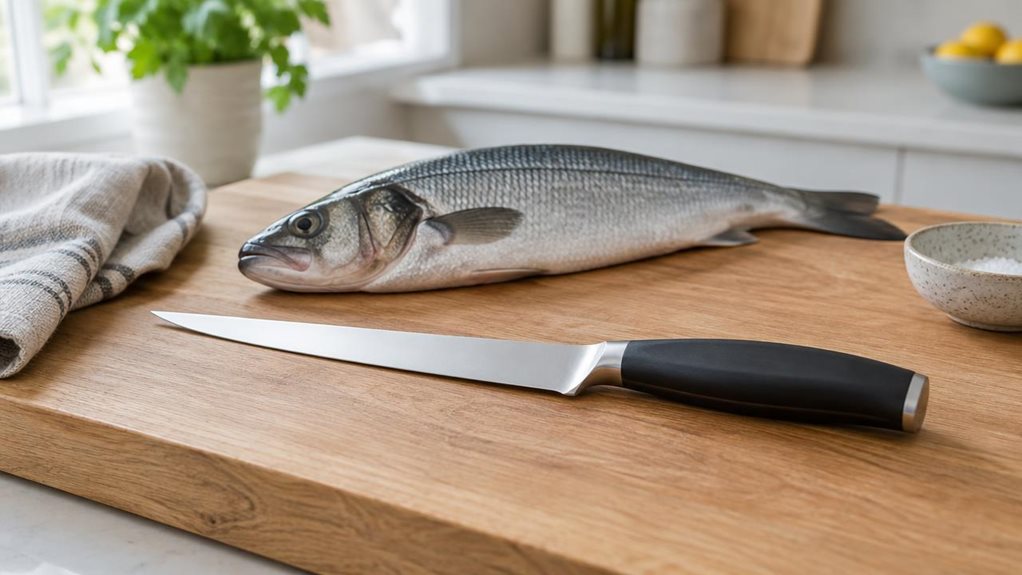 A photograph of a single 18 cm filleting knife resting naturally on a clean wooden cutting board beside a fresh whole fish, in a calm, modern home kitchen. The knife is the clear hero: its long, narrow stainless-steel blade and simple dark handle are shown in crisp detail, with a subtle sheen catching the window light. A folded linen towel and a small ceramic dish sit nearby, adding an understated, lived-in feel without distracting from the product. The scene is candid and ob