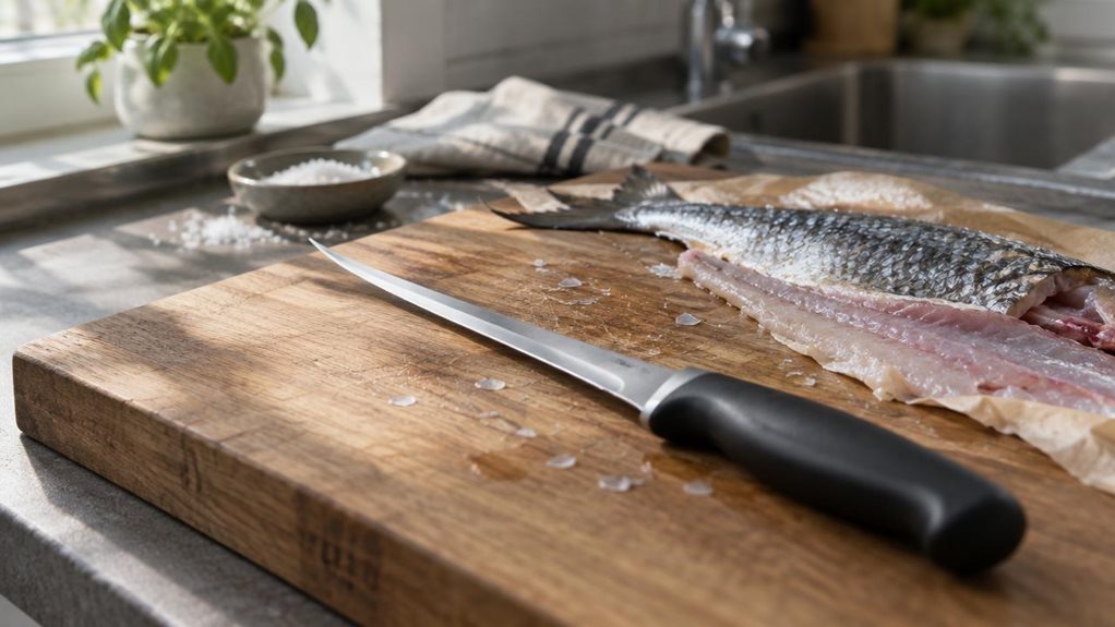 A photograph of a SANMEIHO filleting knife, 18 cm blade, resting diagonally across a wooden cutting board on a kitchen countertop. The thin, flexible stainless steel blade catches natural window light, reflecting a soft silver gleam along its sharpened edge, while the handle—matte black with subtle ergonomic contouring—sits closest to the camera, slightly out of focus to emphasize depth. Beside the knife, a partially filleted fish rests on butcher paper, its skin glistening f
