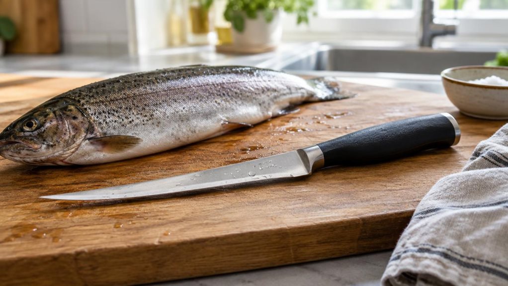 A photograph of a single 18 cm filleting knife resting naturally on a clean wooden cutting board beside a freshly caught fish, in a bright, understated home kitchen. The slender stainless-steel blade and comfortable dark handle are clearly visible, with a few water droplets and subtle signs of recent use adding realism. A folded linen cloth and a small ceramic dish sit nearby, while the softly blurred background hints at a sink and sunlit window. Composed horizontally in a 16