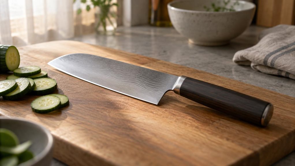 A photograph of a single SANMEIHO santoku knife resting diagonally across a wooden cutting board on a kitchen countertop, composed in a horizontal 16:9 frame. The 18 cm powder steel blade catches soft, natural window light from the left, highlighting its fine grain pattern and polished edge, while the dark handle sits slightly angled toward the camera. Beside the knife, a few freshly sliced vegetable rounds—perhaps cucumber or zucchini—are scattered casually, as if just set a