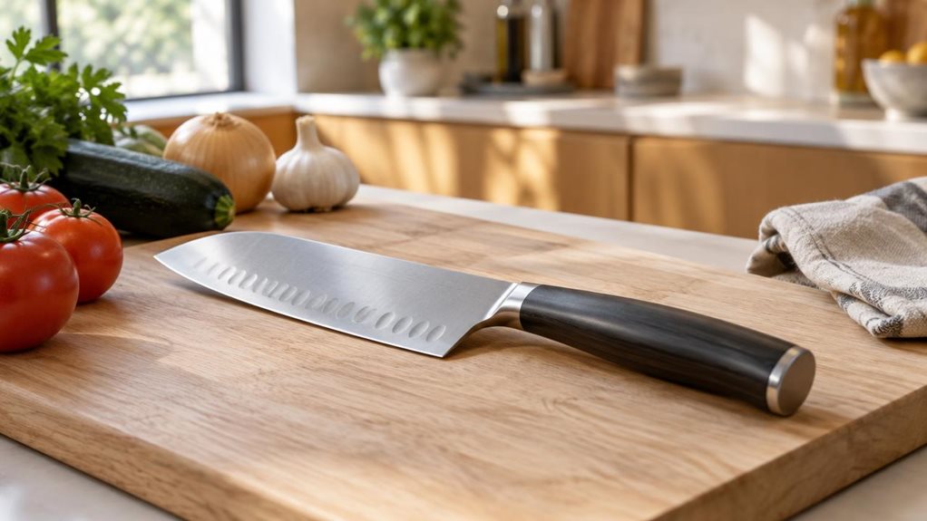 A photograph of a single 18 cm santoku knife resting naturally on a pale oak cutting board in a calm, modern home kitchen. The knife is the clear hero of a horizontally composed 16:9 landscape scene, its broad powder-steel blade catching a soft, silvery highlight and its dark, understated handle angled toward the foreground. A few uncut vegetables and a folded linen towel sit nearby, suggesting everyday kitchen use without making the scene feel staged or mid-action. In the so
