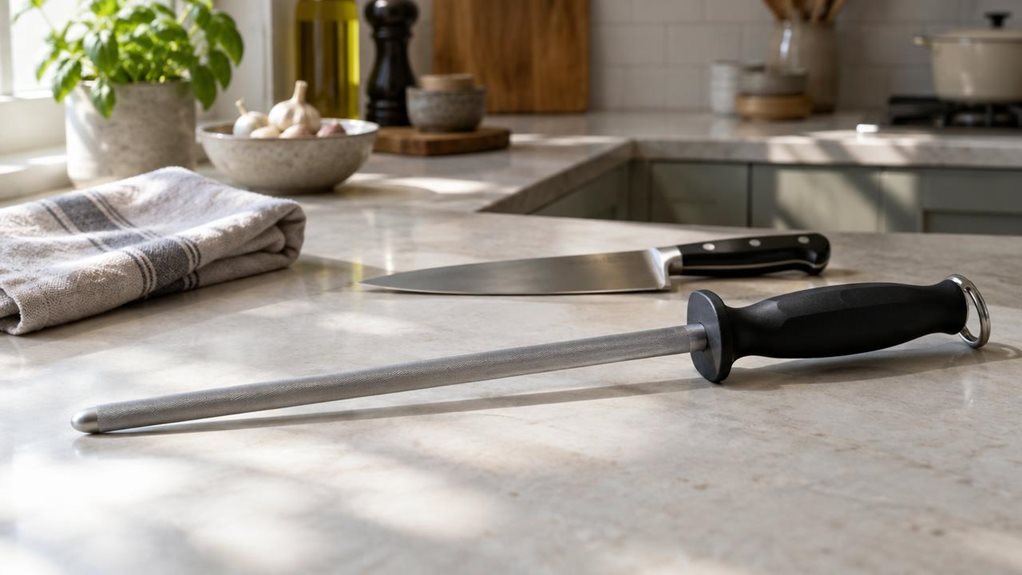 A photograph of a single 30 cm oval sapphire sharpening steel resting naturally on a pale stone countertop in a calm, modern kitchen. Its finely textured steel shaft catches the soft window light, while the dark, ergonomic handle and protective guard sit clearly in view. A chef’s knife and a folded linen towel nearby suggest the tool’s everyday setting without making the scene feel staged or mid-action. The composition is horizontal, 16:9 landscape, with the sharpening steel 