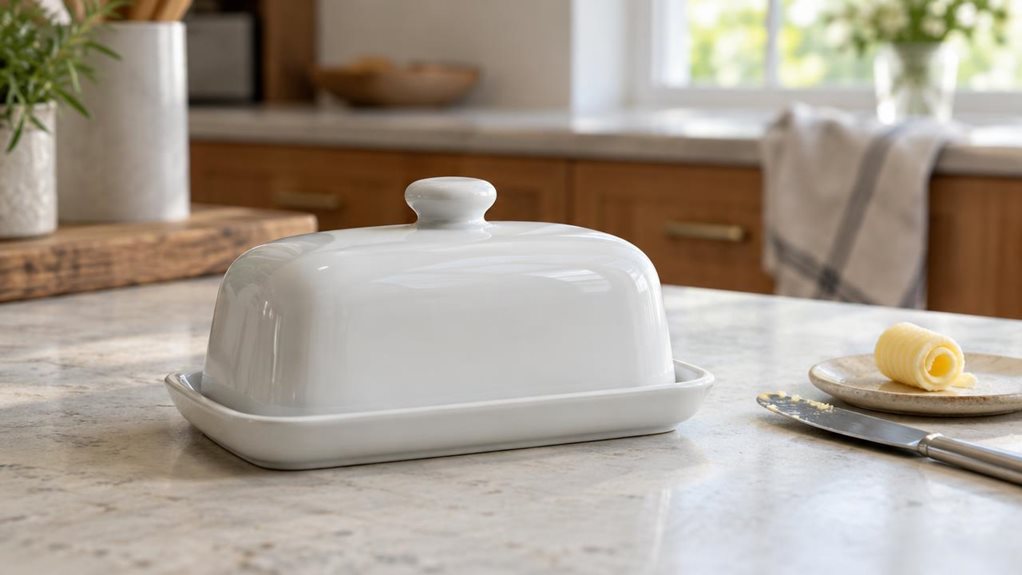 A photograph of a single white porcelain butter dish resting on a pale stone countertop in a calm, modern kitchen, composed horizontally in a 16:9 landscape frame. The dish has a gently rounded rectangular base and a smooth, domed lid with a small, easy-to-grip knob; its clean, understated form is the clear hero of the scene. A slim curl of butter and a butter knife sit nearby, suggesting everyday use without showing anyone mid-action. In the softly blurred background, warm w