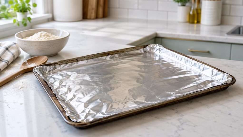 A photograph of a reusable baking foil sheet resting neatly on a well-used baking tray on a bright, modern kitchen counter. The single silver sheet is the clear hero, its gently crinkled surface catching soft highlights and showing realistic creases along the edges. Nearby, a wooden spoon and a small bowl of flour add a casual, lived-in touch without distracting from the product. The scene is horizontally composed in a 16:9 landscape frame, viewed from a natural, slightly ele