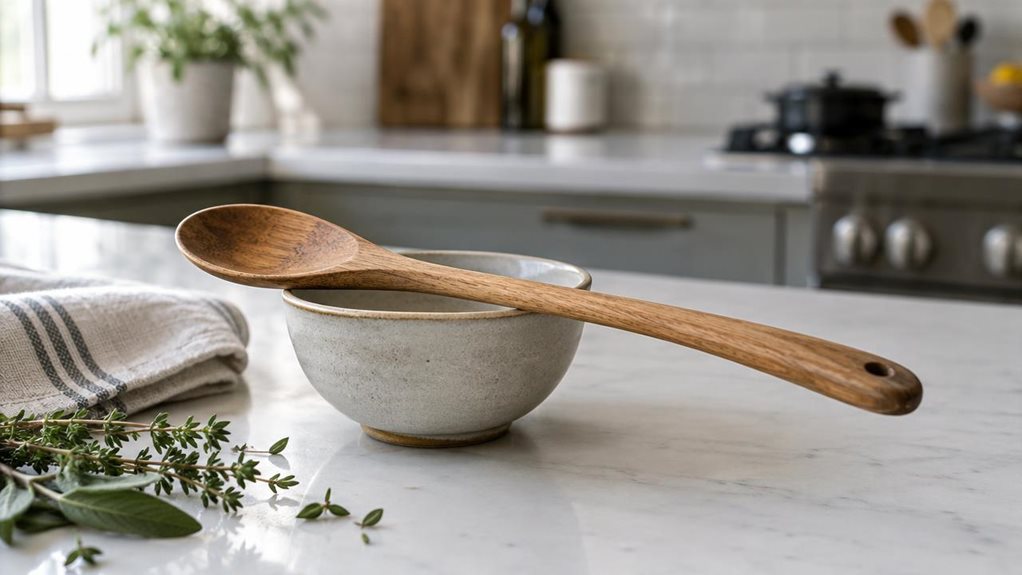 A photograph of a single wooden cooking spoon resting naturally across the rim of a small ceramic bowl on a bright, modern kitchen counter. The spoon is the clear hero, its smooth, gently curved handle and warm natural grain sharply detailed, with subtle signs of everyday use that make it feel authentic. Nearby, a folded linen towel and a few loose herbs add quiet context without distracting from the utensil. The horizontally composed 16:9 landscape scene feels candid and obs