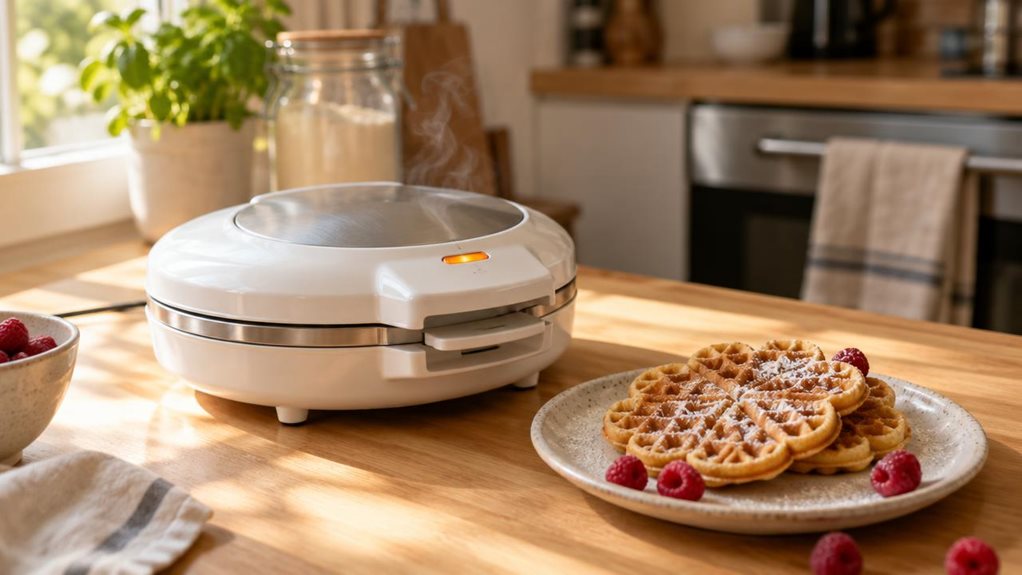 A photograph of a white Severin-style waffle maker resting on a light oak kitchen counter, its hinged lid closed and gently steaming, having just finished cooking a batch of heart-shaped waffles. Two golden-brown, heart-patterned waffles sit stacked on a ceramic plate beside the appliance, dusted lightly with powdered sugar and a few fresh raspberries scattered nearby. Morning sunlight streams in from a window to the left, casting a warm, soft glow across the brushed stainles