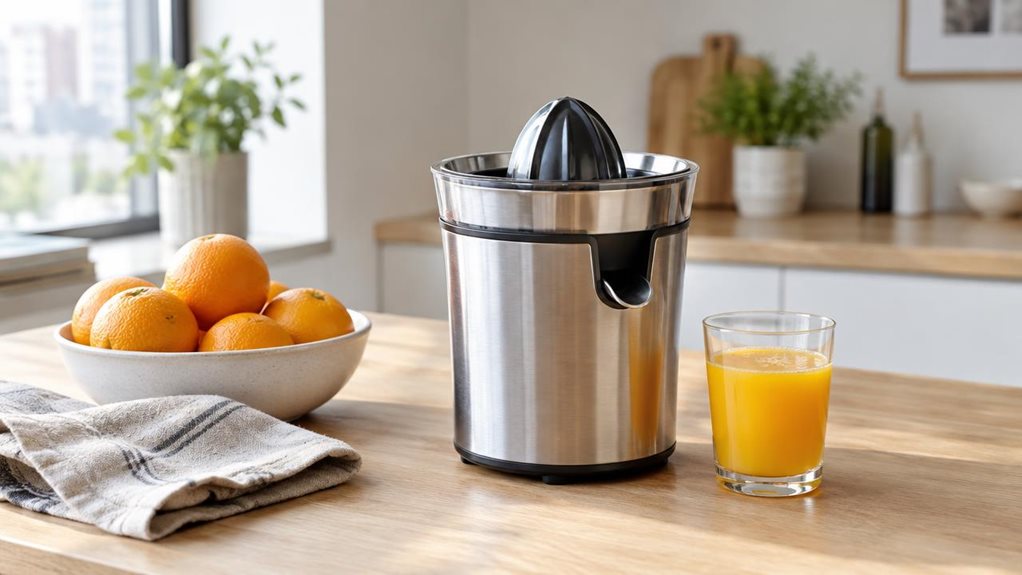 A photograph of a compact stainless-steel juicer placed naturally on a light oak kitchen counter in a bright, modern apartment, shown in a horizontally composed 16:9 landscape scene. The juicer is the clear hero, positioned slightly off-center beside a small bowl of oranges, a folded linen towel, and a glass of fresh juice, all arranged as if left there after a relaxed morning routine. The scene feels candid and observational, with no hands visible and no motion, just a quiet