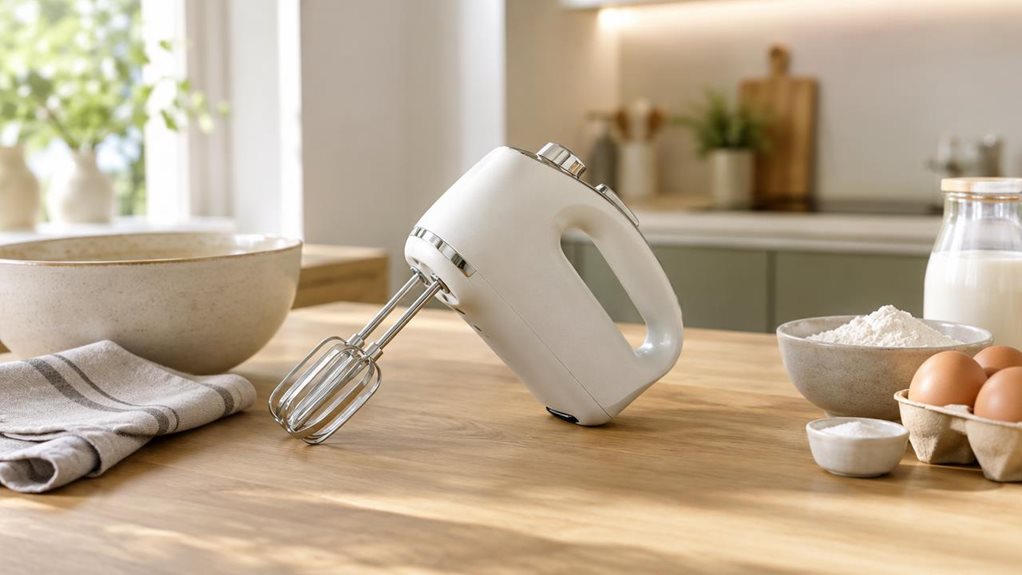 A photograph of a sleek hand mixer resting naturally on a light oak kitchen counter in a bright, modern apartment, captured in a horizontal 16:9 landscape frame. The product is centered as the hero element, shown in a calm, in-situ lifestyle setting beside a ceramic mixing bowl, a folded linen towel, and a few neatly arranged baking ingredients, suggesting a casual home-baking review rather than active use. The hand mixer has a clean, minimal design with a smooth matte finish