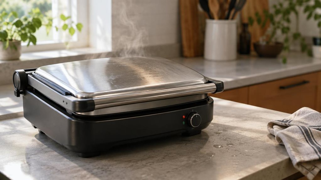 A photograph of a sleek compact contact grill resting on a sunlit kitchen countertop, its stainless steel lid gleaming softly under natural window light. The composition is wide and horizontal, capturing the grill slightly off-center to the left, with a blurred background revealing hints of a modern kitchen—soft-focus wooden cabinets, a ceramic utensil holder, and a faint green plant adding organic warmth. The grill's surface shows subtle fingerprint smudges and light reflect