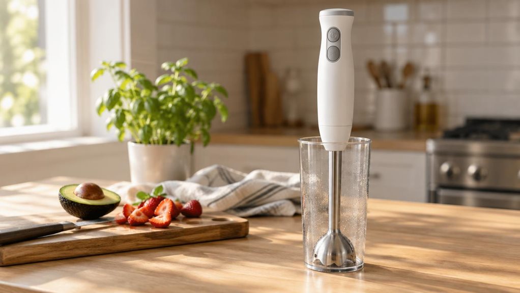 A photograph of a white hand blender resting upright in a clear glass beaker on a light oak kitchen countertop, positioned slightly off-center to the right. The blender's matte white body and brushed stainless steel shaft catch soft morning sunlight streaming through a nearby window, creating gentle highlights along its curved edges and control buttons. Beside it, a wooden cutting board holds a halved avocado and a few chopped strawberries, hinting at a smoothie in progress. 
