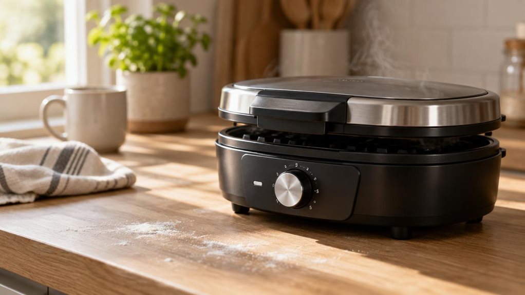 A photograph of a sleek black double waffle iron resting on a light oak kitchen countertop, positioned slightly off-center to the right within a horizontally composed 16:9 frame. The appliance's stainless steel accents catch soft morning sunlight streaming in from a nearby window, creating gentle highlights along its rounded edges and hinged lid. A faint wisp of steam rises from the slightly open lid, suggesting recent use, though no waffles are visible inside. In the backgro