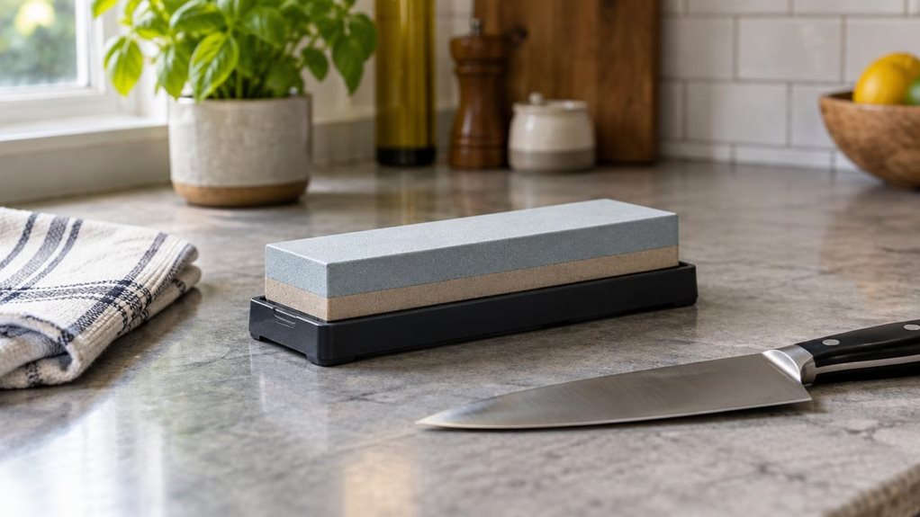 A photograph of a single two-sided whetstone resting on a neatly arranged kitchen counter, composed horizontally in a 16:9 landscape frame. The rectangular stone is the clear hero, its contrasting sharpening surfaces set in a simple, low-profile base, with a folded kitchen towel and a chef’s knife nearby to suggest its natural place in a home kitchen. The knife is safely set down, and nothing is being used; the scene feels candid and observational, as if casually captured bet