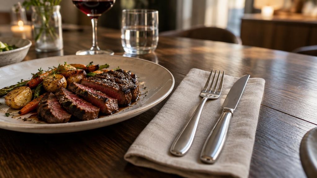 A photograph of a single four-piece steak cutlery set arranged neatly beside a ceramic dinner plate on a dark oak dining table, in a horizontally composed 16:9 landscape scene. The polished steak knife and matching fork rest on a folded linen napkin, their gently contoured handles catching soft highlights. A sliced steak with roasted vegetables sits on the plate nearby, grounding the cutlery in its natural dining setting without making the scene feel staged. The composition f