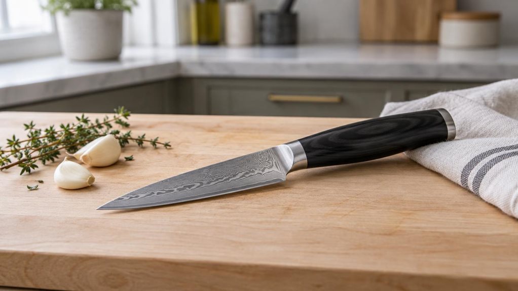 A photograph of a SHAN ZU Damascus paring knife resting naturally on a pale wooden cutting board in a quiet, modern kitchen. The single knife is the clear hero, set diagonally across the board with its compact, finely pointed blade and layered Damascus pattern catching the light; its dark handle rests near a folded linen towel. A few peeled garlic cloves and a small sprig of thyme sit nearby as understated kitchen details, with no one in the scene and nothing mid-action. The 