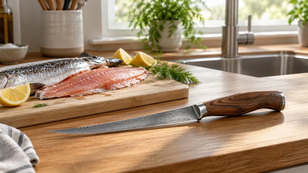 A photograph of a damask-patterned filleting knife resting on a wooden kitchen countertop, its flexible, narrow blade catching soft daylight pouring in from a nearby window. The rippled steel pattern glints subtly along the blade's surface, while the contoured wooden handle shows fine grain detail and a comfortable, ergonomic curve. Beside the knife lies a partially filleted piece of fish on a light-colored cutting board, with a few scattered lemon wedges and a sprig of fresh
