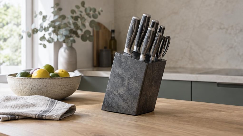 A photograph of a sleek damask-patterned knife block set resting on a light oak countertop in a contemporary kitchen, framed in a horizontal 16:9 composition with the set heroed near the center-right of the scene. The knife block sits naturally beside a ceramic fruit bowl, a folded linen towel, and a pale stone backsplash, suggesting a quiet everyday morning rather than a staged display. Soft window light from the left casts gentle highlights across the polished steel blades 