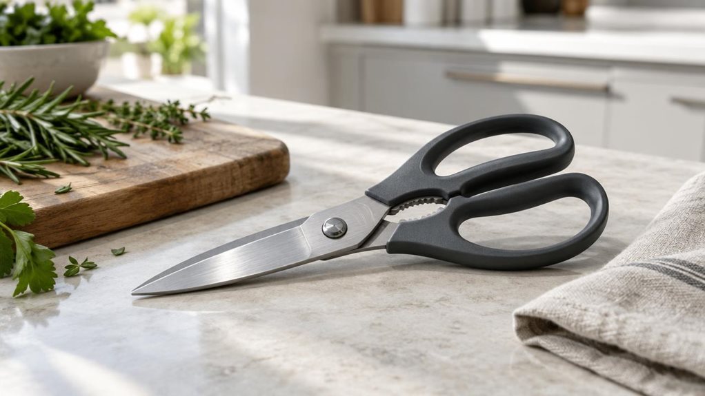 A photograph of a single pair of heavy-duty kitchen scissors resting naturally on a pale stone countertop in a bright, modern home kitchen. The scissors are the clear hero, shown at a slight diagonal with sturdy stainless-steel blades, a visible pivot screw, and matte charcoal ergonomic handles; their realistic brushed-metal finish catches a soft glint of window light. Nearby, a wooden cutting board, a few herb sprigs, and a folded neutral linen towel suggest everyday kitchen