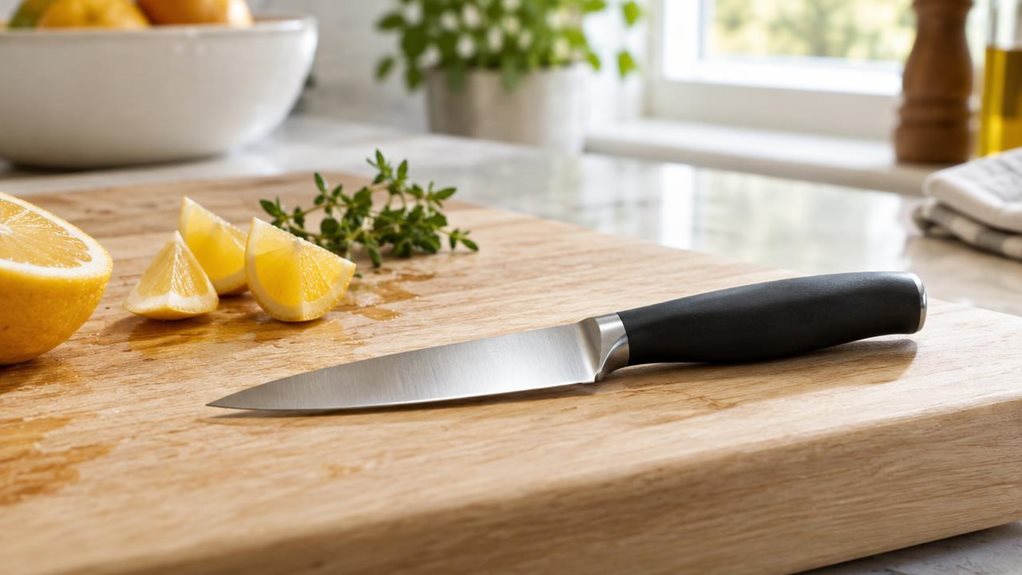 A photograph of a single professional paring knife resting naturally on a pale wooden cutting board in a bright, modern home kitchen. The knife is the clear hero of the scene, its short, finely tapered stainless-steel blade and dark ergonomic handle rendered with realistic material detail, with no visible branding. A few freshly cut citrus segments and a small sprig of herbs sit nearby, suggesting everyday kitchen use without making the scene feel staged or mid-action. The co