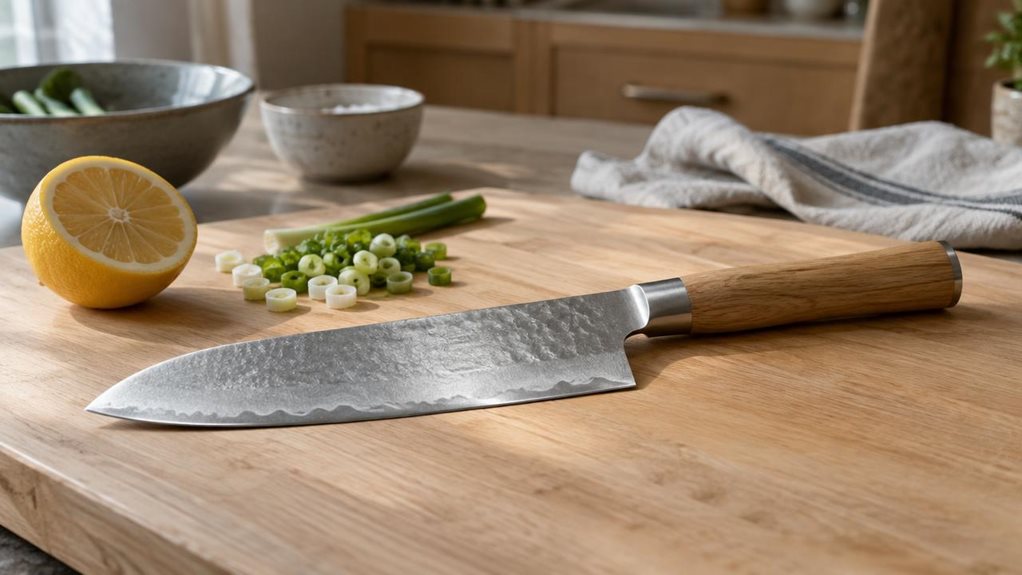 A photograph of a single Santoku knife resting naturally on a pale oak cutting board in a calm, modern home kitchen. The 16:9 landscape composition places the knife prominently across the foreground, its broad powder-steel blade catching a soft, silvery glint beside a simple wooden handle. A few neatly sliced scallions and a halved lemon sit nearby, suggesting everyday use without depicting any action. In the softly blurred background, muted ceramic bowls, a linen towel, and 