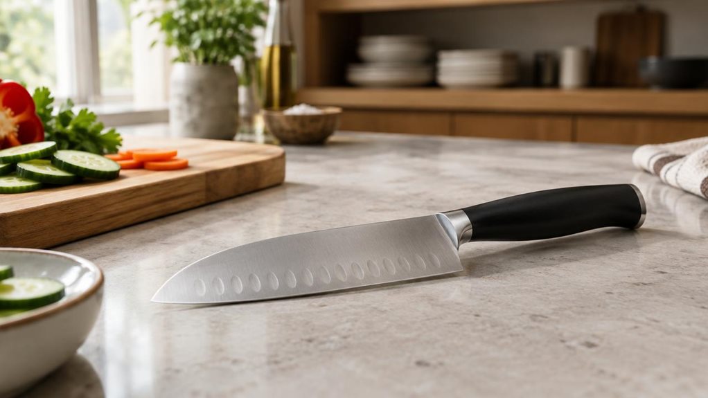 A photograph of a single santoku knife resting diagonally on a pale stone kitchen counter, its broad, finely finished stainless-steel blade and dark, balanced handle in crisp focus. A few neatly sliced vegetables and a wooden cutting board sit nearby, suggesting everyday meal preparation without showing anyone in action. The knife is the clear hero, naturally placed in a calm, modern kitchen with warm wood details and softly blurred shelves in the background. Gentle window li