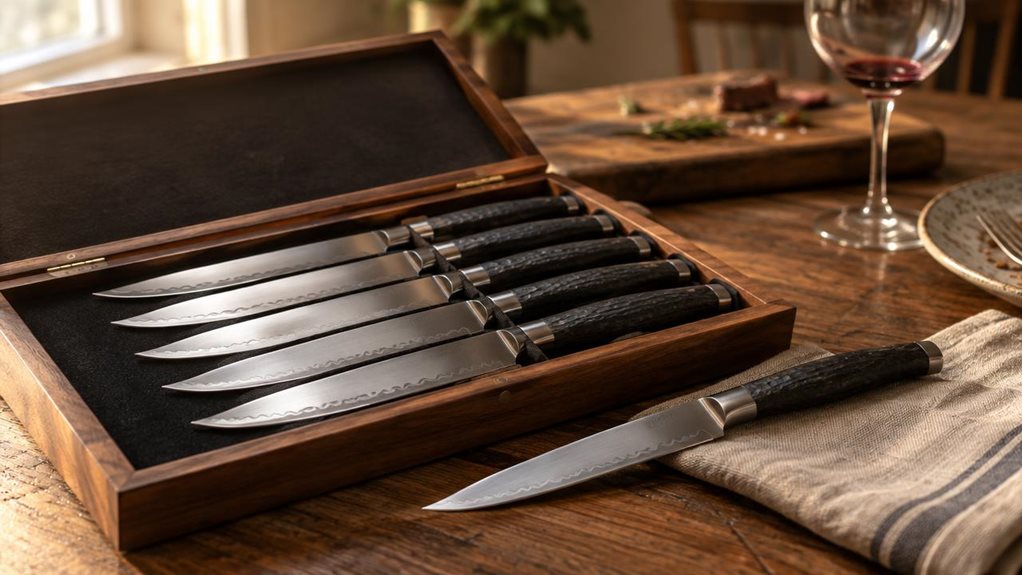 A photograph of a six-piece steak knife set arranged in an open wooden presentation box atop a rustic dining table, captured in natural window light streaming in from the left. The knives feature dark, textured handles and gleaming powder steel blades with a subtle wave pattern along the edge, catching soft highlights that reveal their sharpness. One knife rests slightly apart from the others, angled diagonally across a linen napkin, as if just removed from the set for inspec