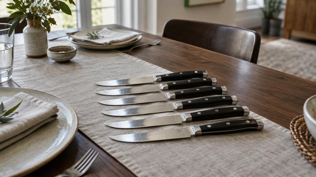 A photograph of a six-piece steak knife set arranged neatly on a dark walnut dining table in a modern home, composed horizontally in a 16:9 landscape frame. Six matching knives rest side by side on a simple linen runner, their polished Japanese steel blades catching the soft window light and their dark handles aligned toward the edge of the table. A ceramic plate, folded napkin, and a few understated table settings sit nearby, suggesting an everyday dinner setting without dis