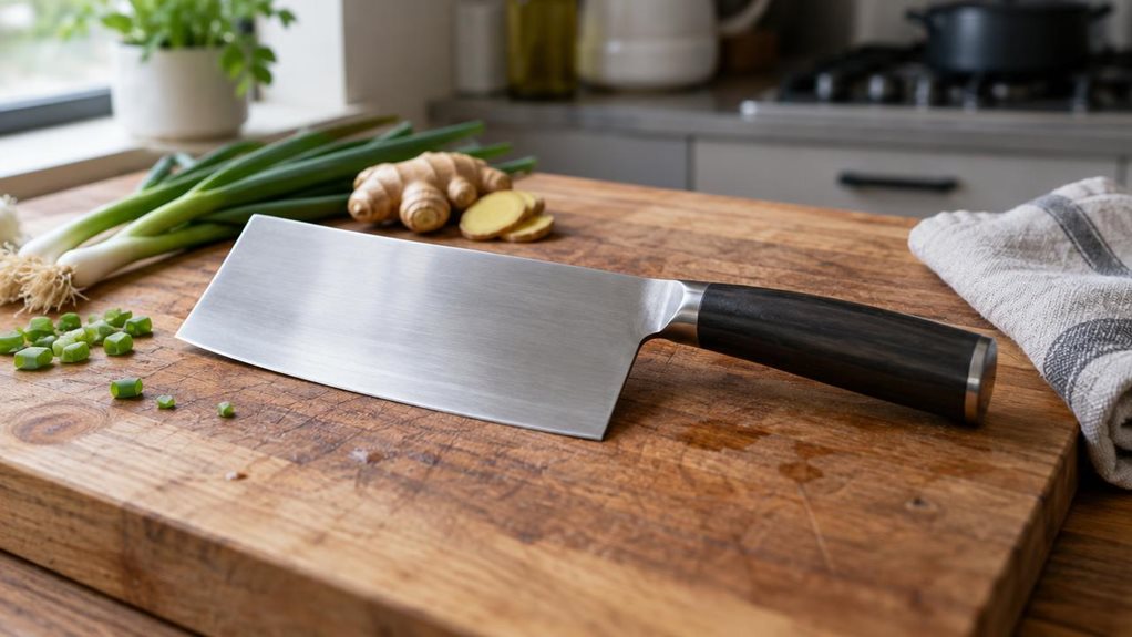 A photograph of a single Chinese-style cleaver resting naturally on a well-used wooden cutting board in a calm, modern home kitchen. The broad rectangular blade is clean and realistic, with a subtle brushed-steel finish, a gently rounded spine, and a simple dark handle; no logos or lettering are visible. A few scallions, ginger, and a folded linen towel sit nearby, suggesting everyday use without showing anyone or capturing the knife mid-action. The cleaver is the clear hero,