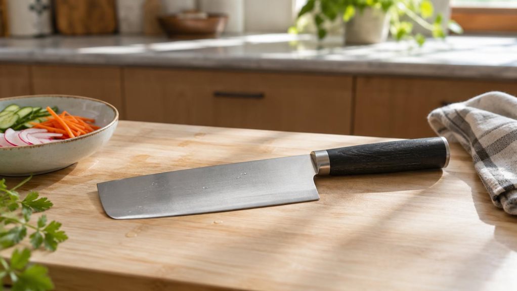 A photograph of a single nakiri knife resting on a pale wooden cutting board in a calm, modern home kitchen, shown in a horizontally composed 16:9 landscape scene. Its broad, rectangular stainless-steel blade and dark, textured handle are clearly visible, with subtle reflections along the edge and a few faint water droplets lending a natural, just-used feel. The knife sits beside a small bowl of sliced vegetables and a folded linen towel, arranged casually rather than as a st